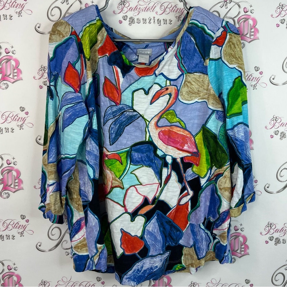 Chico's long sleeve abstract blouse flamingo 🦩 Multicolor Flamingo Blouse